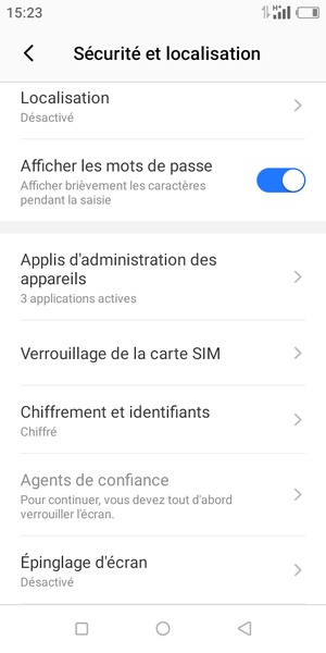 Pour modifier le code PIN de la carte SIM, allez dans le menu Sécurité et localisation et sélectionnez Verrouillage de la carte SIM
