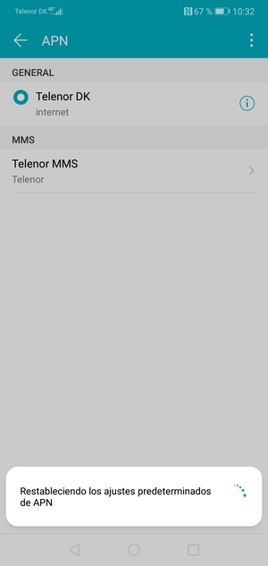 El teléfono se reiniciará con la configuración predeterminada de Internet y MMS