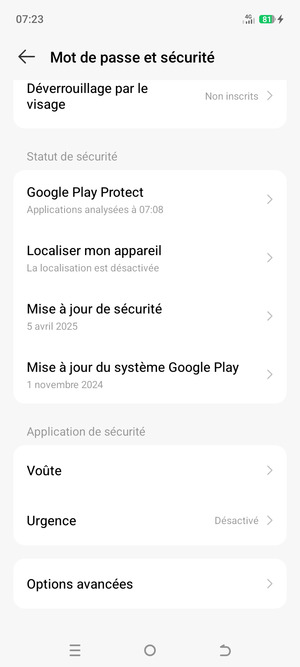 Pour modifier le code PIN de la carte SIM, allez dans le menu Mot de passe et sécurité et sélectionnez Options avancées