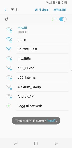 Du er nå koblet til Wi-Fi-nettverket