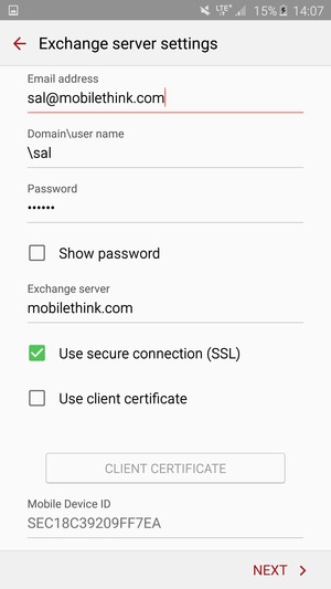 Enter User name and Exchange server address. Select NEXT