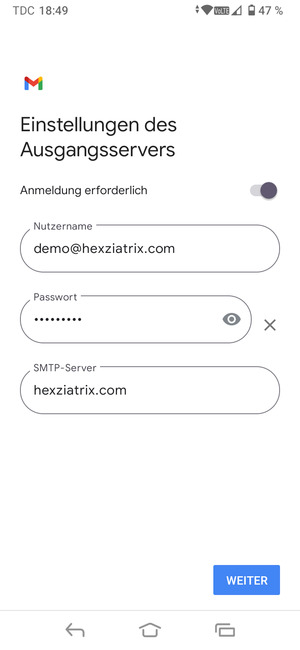 Geben Sie die Server-Adresse für ausgehende Post ein und wählen Sie WEITER