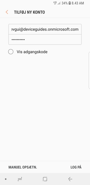 Indtast din e-mailadresse og adgangskode. Vælg MANUEL OPSÆTN.