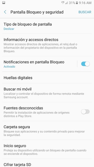 Para activar su bloqueo de pantalla, vaya al menú Pantalla Bloqueo y seguridad y seleccione Tipo de bloqueo de pantalla