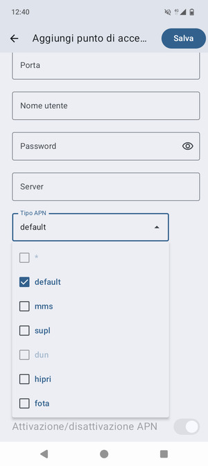 Assicurati che default sia selezionato