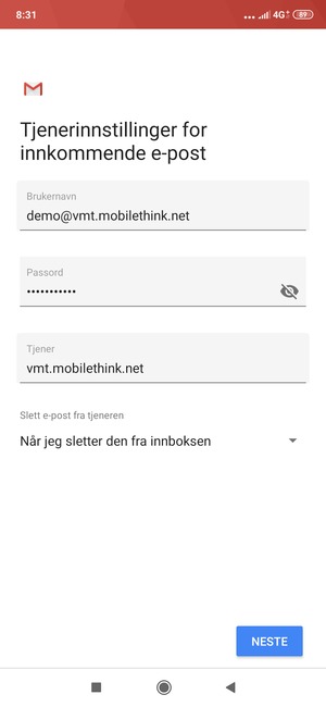 Skriv inn Brukernavn og innkommende serveradresse. Velg NESTE