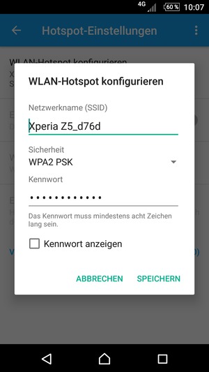 Geben Sie eine WLAN-Hotspot-Passwort mit mindestens 8 Zeichen ein und wählen Sie SPEICHERN