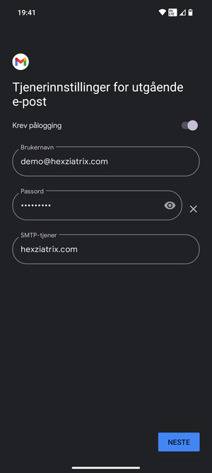 Skriv inn utgående serveradresse og velg NESTE