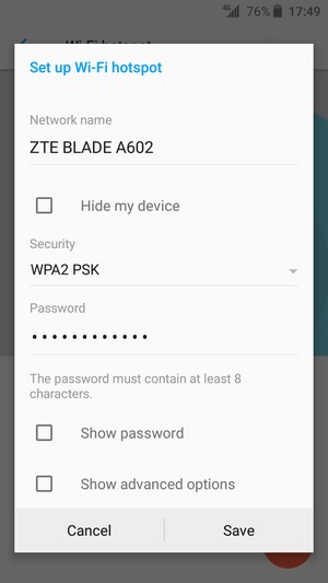 Enter a Wi-Fi hotspot password of at least 8 characters and select Save