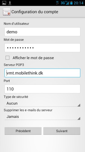 Saisissez votre Nom d'utilisateur et l'adresse du serveur entrant. Sélectionnez Suivant
