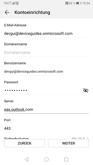 Geben Sie die Exchange-Server-Adresse ein und wählen Sie WEITER