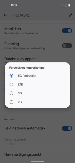 Velg ønsket alternativ