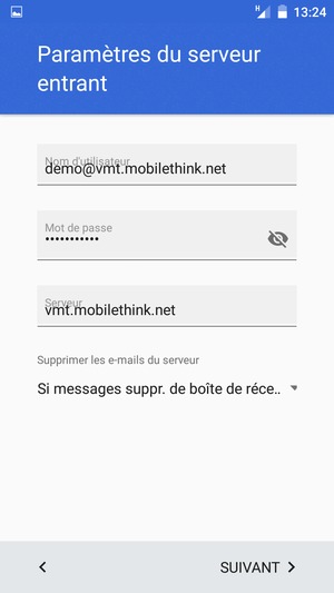 Saisissez votre Nom d'utilisateur et l'adresse du serveur entrant. Sélectionnez SUIVANT