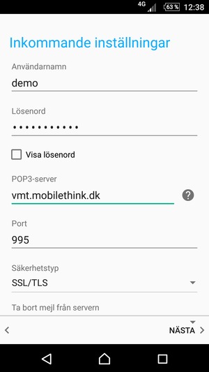 Ange Användarnamn och inkommande serveradress