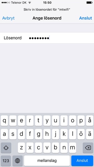 Ange lösenord till Wi-Fi och välj Anslut