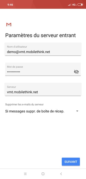 Saisissez votre Nom d'utilisateur et l'adresse du serveur entrant. Sélectionnez SUIVANT