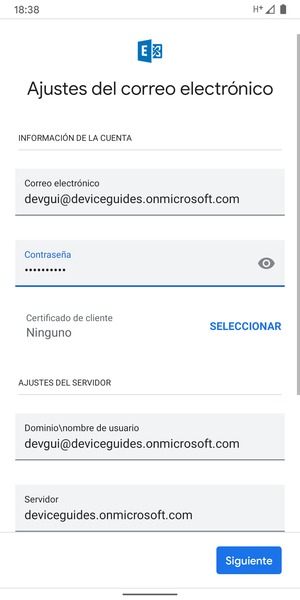 Introduzca Nombre de usuario y la dirección de servidor Exchange. Seleccione Siguiente