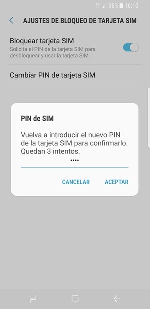Confirme su nuevo PIN de la tarjeta SIM y seleccione ACEPTAR