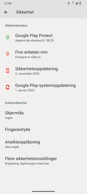 For å bytte PIN-koden til SIM-kortet, gå til Sikkerhet-menyen og  velg Flere sikkerhetsinnstillinger
