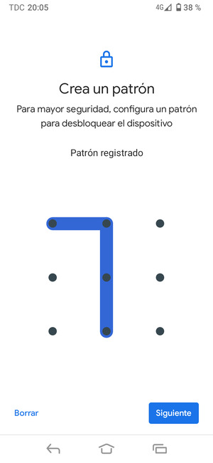 Dibuje un patrón de desbloqueo y seleccione Siguiente