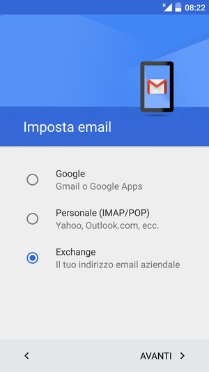 Seleziona Exchange e poi AVANTI