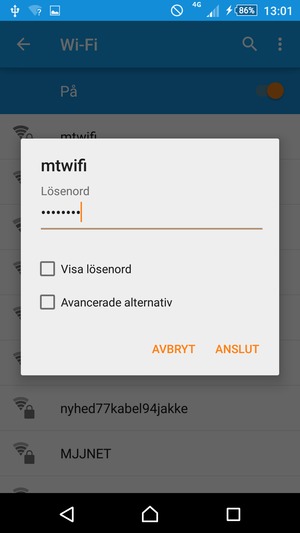 Ange lösenord till Wi-Fi och välj ANSLUT