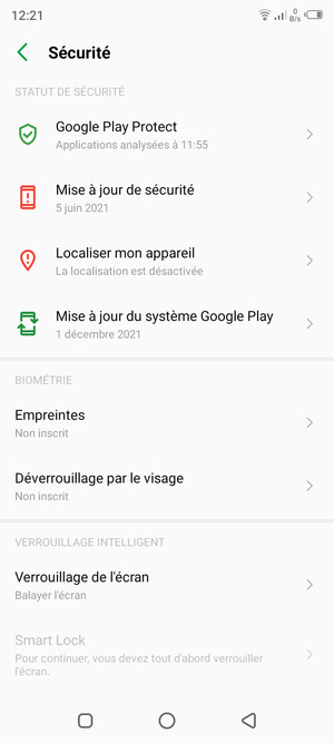 Pour activer votre verrouillage d'écran, retournez au menu Sécurité et appuyez sur Verrouillage de l'écran