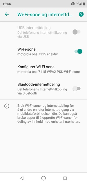 Telefonen din er konfigurert for bruk som et modem