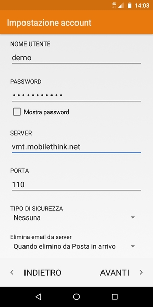 Inserisci Nome utente e l'indirizzo del server entrata. Seleziona AVANTI