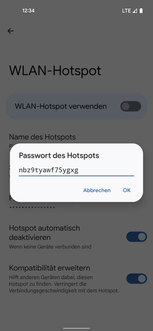 Geben Sie eine WLAN-Hotspot-Passwort mit mindestens 8 Zeichen ein und wählen Sie OK
