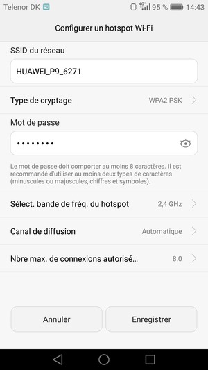 Saisissez un mot de passe de hotspot Wi-Fi d'au moins 8 caractères et sélectionnez Enregistrer