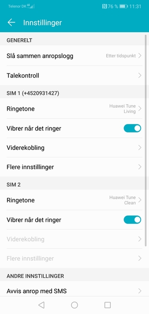 Bla til SIM 1 eller SIM 2 og velg Flere innstillinger