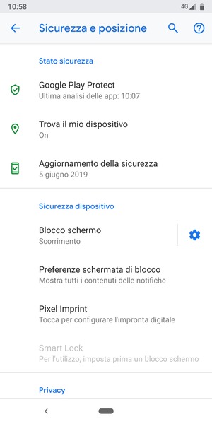Per attivare il blocco dello schermo, vai al menu Sicurezza e posizione e seleziona Blocco schermo
