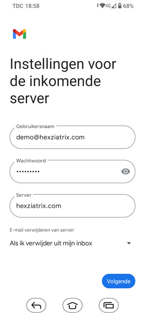 Voer Gebruikersnaam en binnenkomend serveradres in. Selecteer Volgende