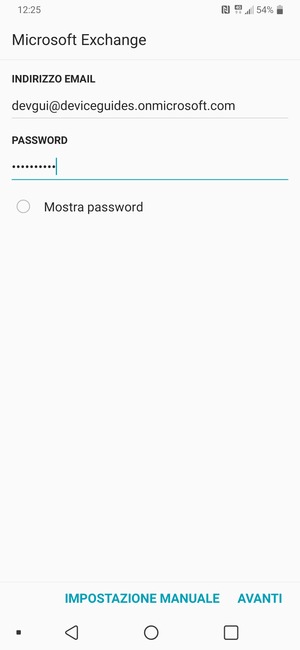 Inserisci il tuo indirizzo email e password. Seleziona IMPOSTAZIONE MANUALE