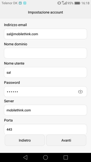 Inserisci l'indirizzo del server Exchange e seleziona Avanti