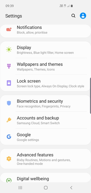 Scroll to and select Accounts and backup
