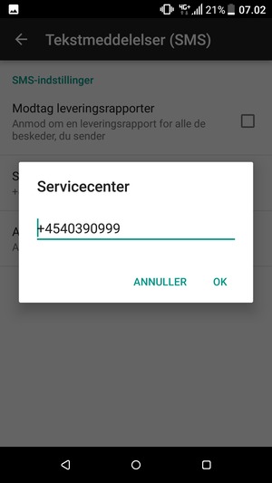 Indtast Servicecenter nummeret og vælg OK