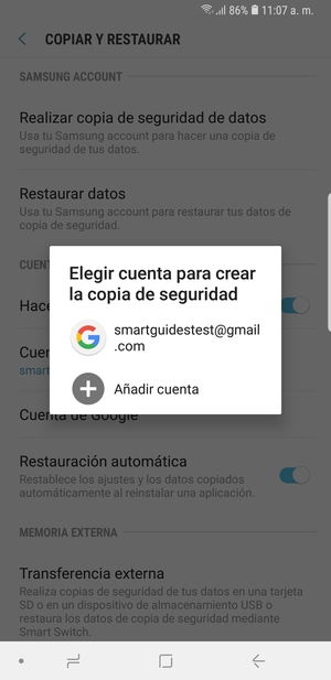 Seleccione su cuenta de copia de seguridad