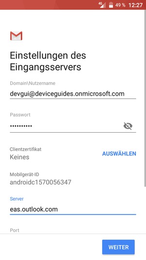 Geben Sie Benutzername und Exchange Server-Adresse ein. Wählen Sie WEITER