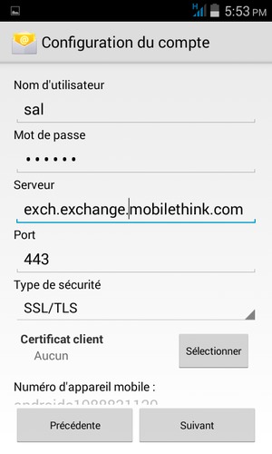 Saisissez votre Nom d'utilisateur et l'adresse du serveur Exchange. Sélectionnez Suivant