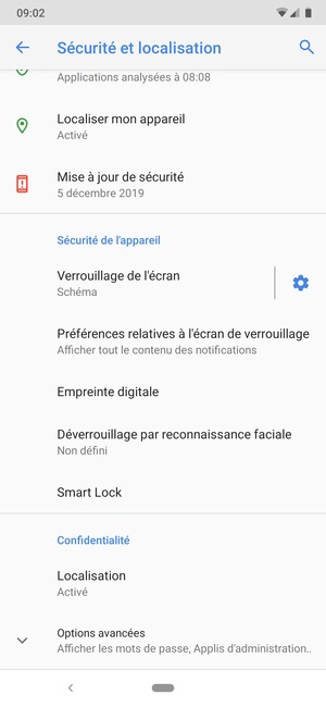 Pour modifier le code PIN de la carte SIM, faites défiler et sélectionnez Options avancées