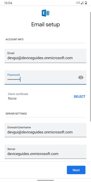 Enter Username and Exchange server address. Select Next
