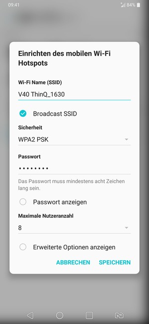 Geben Sie eine WLAN-Hotspot-Passwort mit mindestens 8 Zeichen ein und wählen Sie SPEICHERN