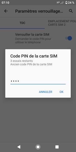 Saisissez votre Ancien code PIN de la carte SIM et sélectionnez OK