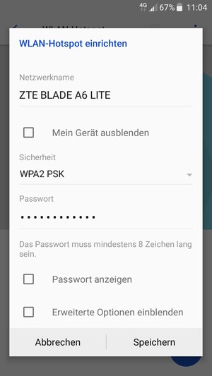 Geben Sie eine WLAN-Hotspot-Passwort mit mindestens 8 Zeichen ein und wählen Sie Speichern