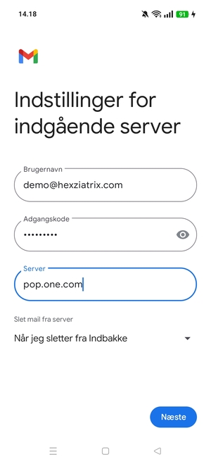 Indtast Brugernavn og indgående serveradresse. Vælg Næste