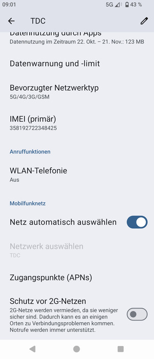 Um das Netzwerk zu wechseln, falls Probleme auftreten, schalten Sie Netz automatisch auswählen aus