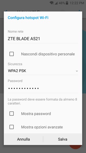 Inserisci una password dell'hotspot Wi-Fi di almeno 8 caratteri e seleziona Salva