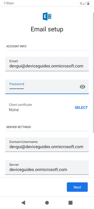 Enter Username and Exchange server address. Select Next
